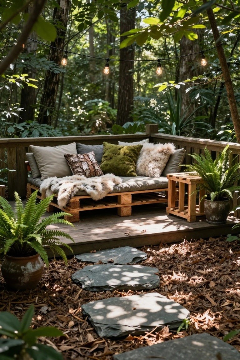 Wooden pallet couch on a deck in a forested area, covered with gray cushions, patterned pillows, green pillows, and white fur throws, next to potted ferns and a small wooden table, with string lights overhead and stone stepping path nearby.