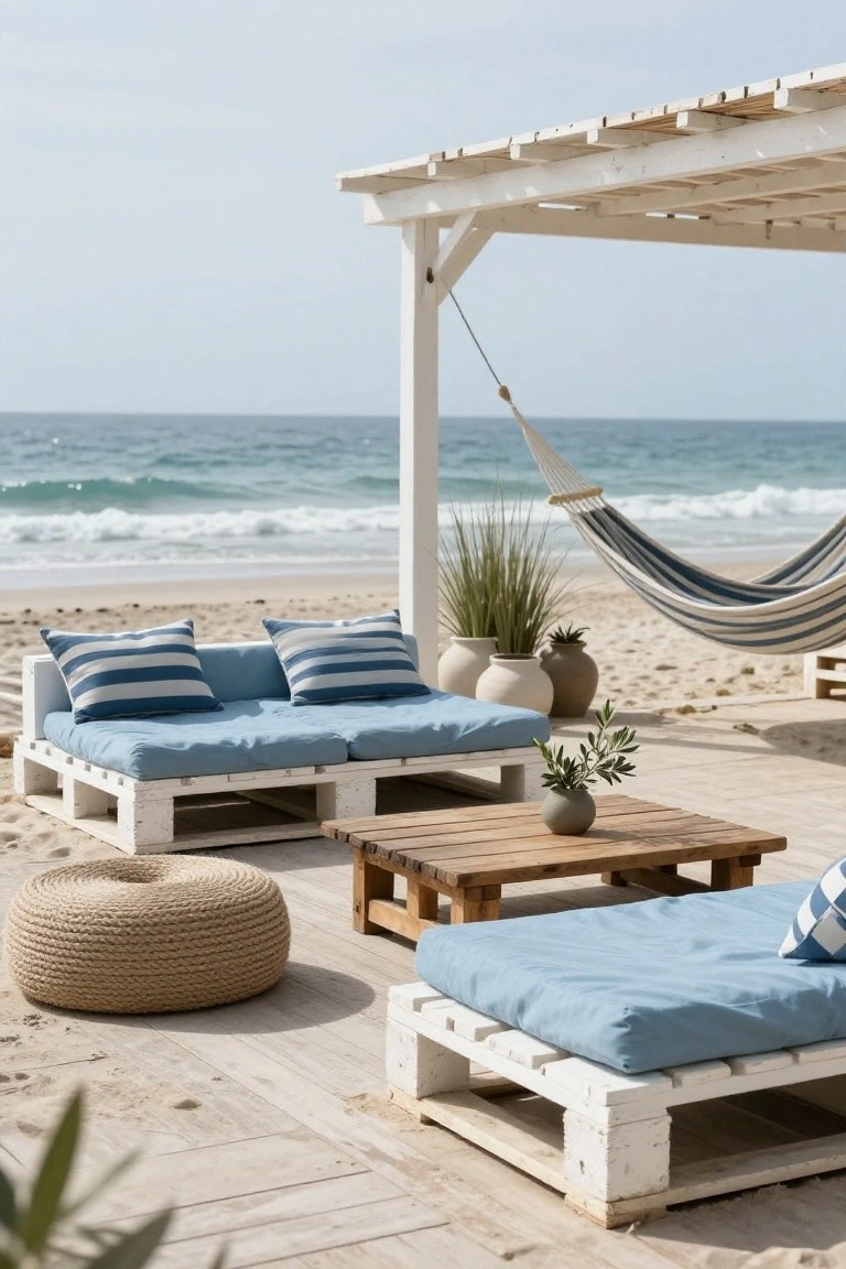White pallet daybeds with blue cushions and striped pillows on a sandy patio under a pergola, with a striped hammock, potted plants, and a wooden table near the ocean.