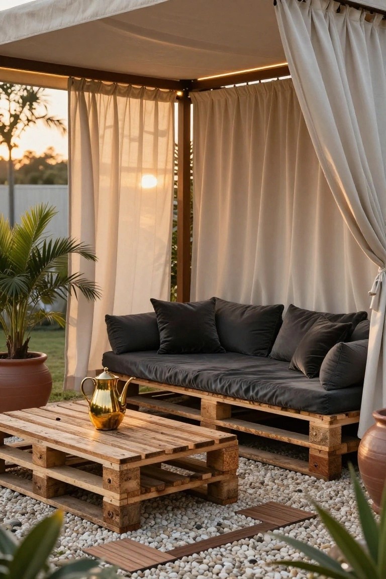 Outdoor seating area under a beige fabric canopy with white curtains, featuring a black-cushioned pallet sofa, wooden pallet coffee table holding a gold teapot, potted plants, and pebble ground with wooden decking accents at sunset.