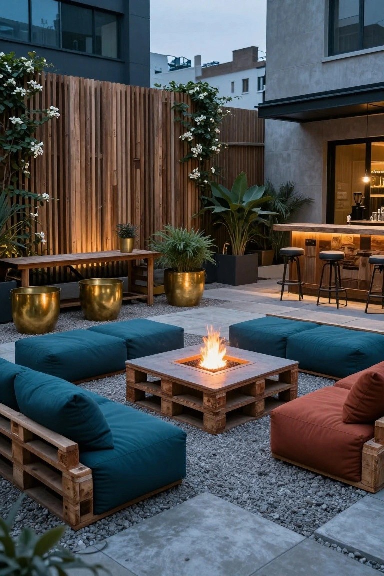 Outdoor patio with teal and rust pallet sofas arranged in an L-shape around a central wooden fire table, flanked by plants, gold pots, a wooden bar counter, and slatted wooden fencing.