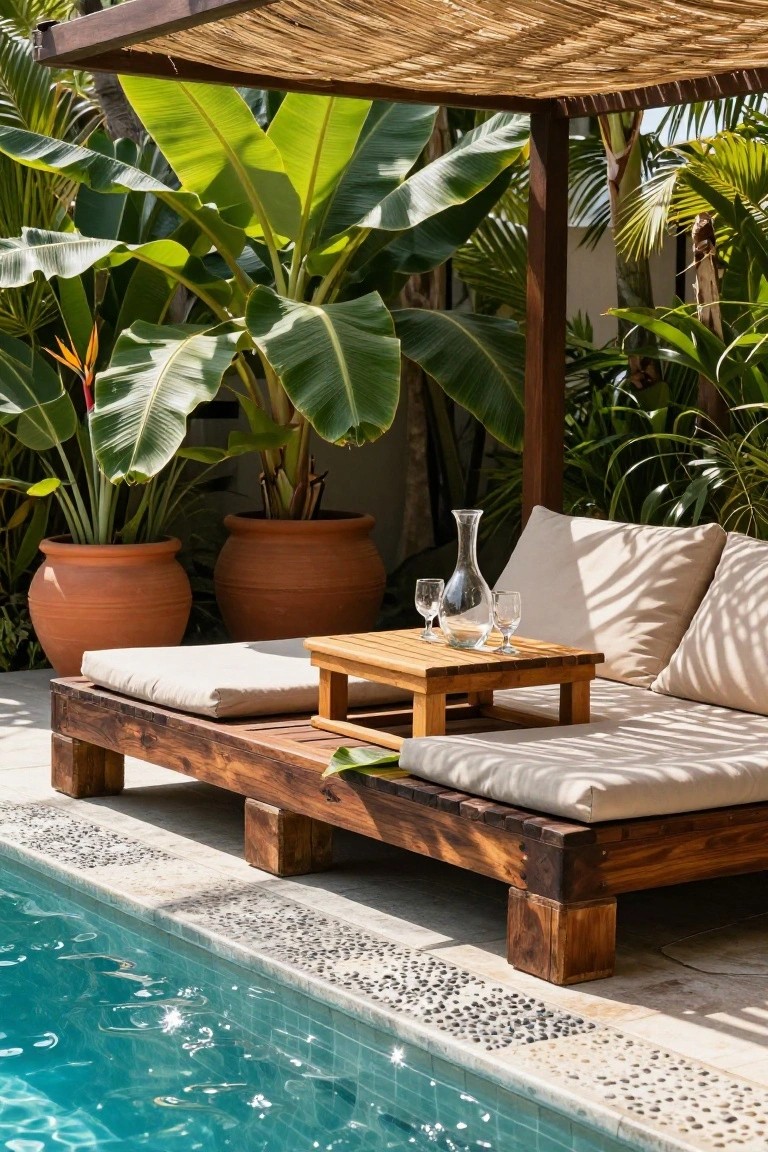 Wooden platform daybed with beige cushions positioned next to an infinity-edge swimming pool, under a thatched pergola with tropical plants and potted greenery surrounding a small wooden side table holding a carafe and wine glasses.