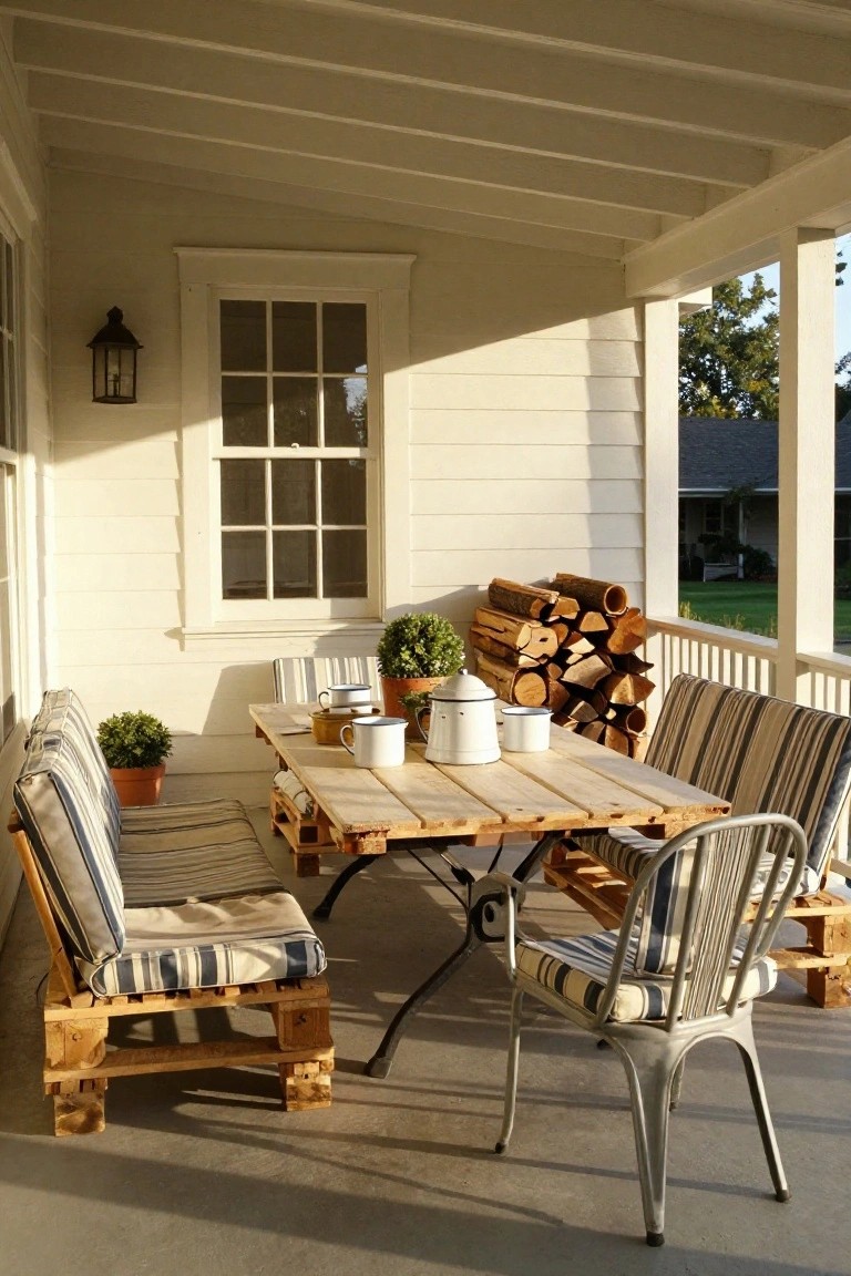 A covered white porch with a wooden pallet table and chairs featuring striped cushions, potted plants, a stack of firewood, and white enamelware on the table.