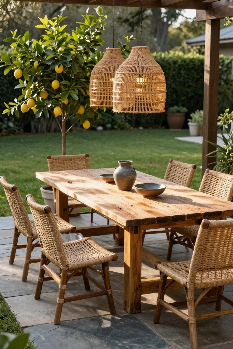 Wooden dining table with rattan chairs on a stone patio under a wooden pergola with two hanging woven lanterns, a lemon tree nearby, and green lawn in the background.