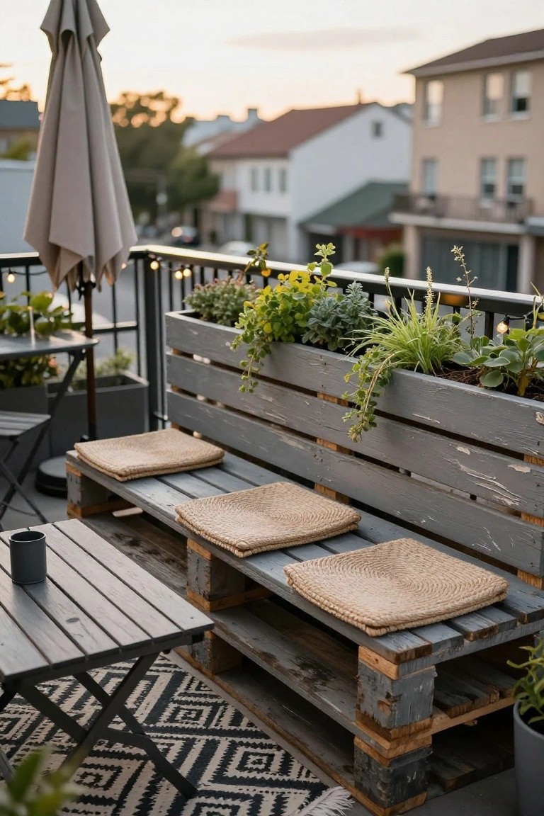 Gray wooden pallet bench with three beige rattan cushions on a balcony railing, next to a small wooden table, potted plants, an outdoor umbrella, and string lights with an urban street view at dusk.