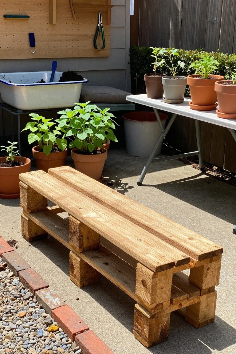 Wooden bench made from stacked pallets on a gravel patio, with potted plants, a folding table, enamel basin, and gardening tools nearby.