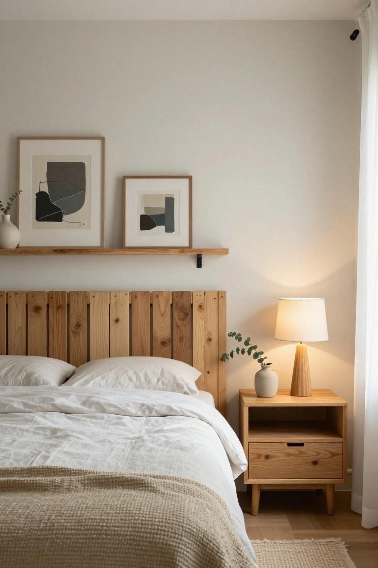 Bedroom with a slatted wooden pallet headboard against a white wall, white bedding on the bed, wooden nightstand holding a lamp and vase of eucalyptus, floating wooden shelf with two framed abstract prints and a white vase above the headboard, sheer curtain on window, and light wood floor with rug.