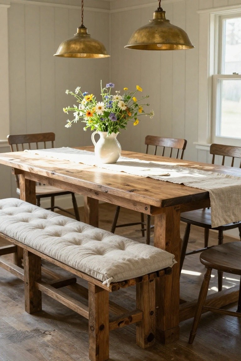 Sunlit interior dining room with a long rustic wooden table, tufted linen bench on one side, wooden chairs on the other, white pitcher of wildflowers centerpiece, brass pendant lights, and white shiplap walls.