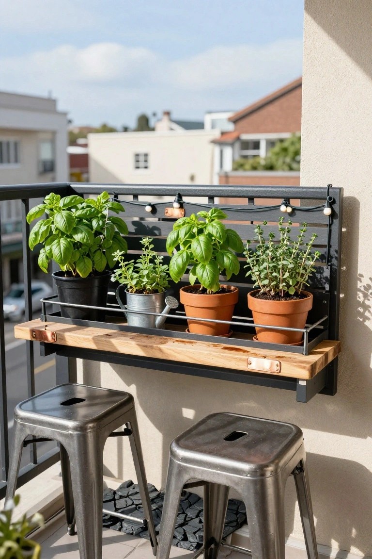Black metal shelf mounted on white balcony railing holding pots of basil and thyme plants, a metal watering can, and terracotta pots, with wooden shelf extension below and two metal bar stools on tiled balcony floor.