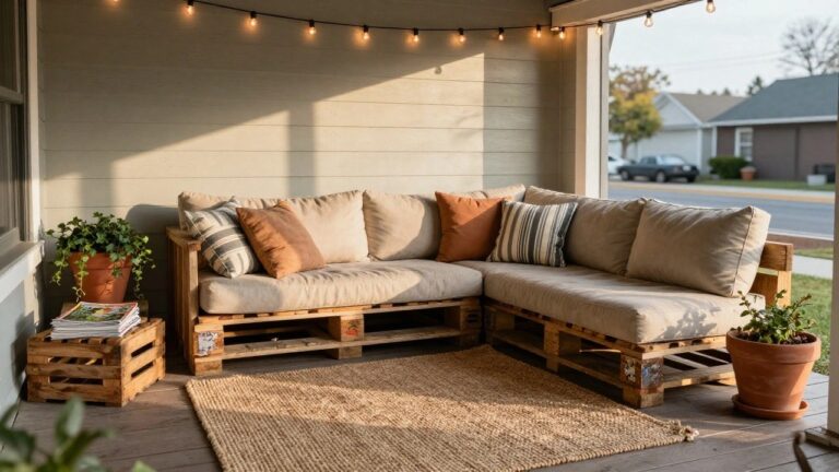 21 Easy Pallet Projects That Keep Things Stress Free Covered porch featuring an L-shaped beige cushioned sofa and coffee table made from wooden pallets, surrounded by potted plants, with string lights overhead and a street view in the background.