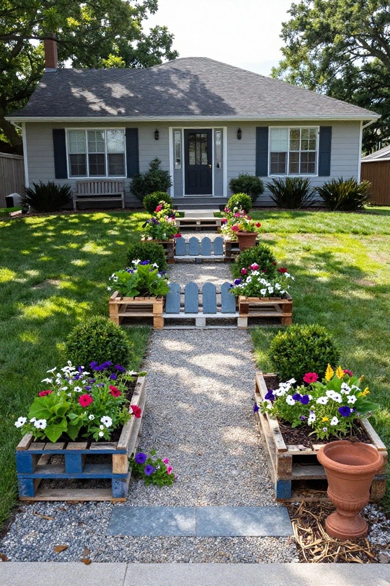 Gray clapboard house with black front door and dark shutters, fronted by a gravel pathway lined on both sides with wooden pallet planters filled with colorful flowers, boxwood shrubs, and a large terracotta pot at the end.