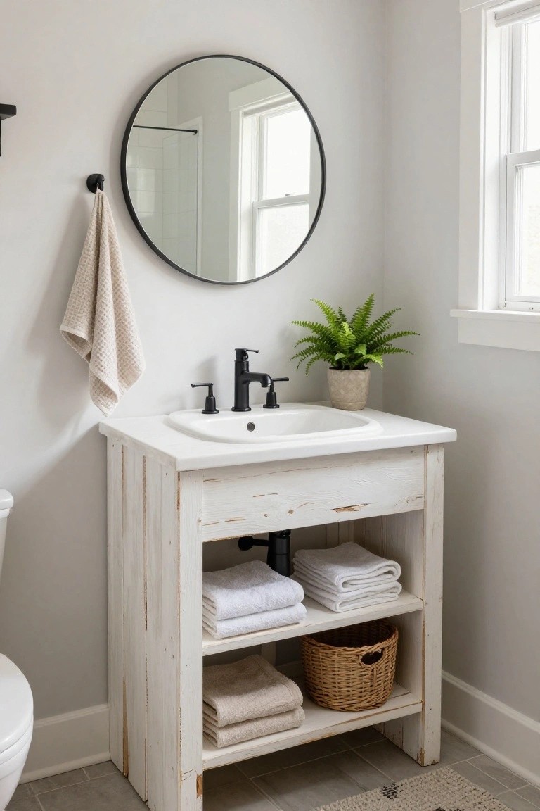 Bathroom corner with whitewashed wooden pallet vanity under round black mirror, white sink and black faucet, open shelves holding white and beige towels in basket, hanging towel, potted fern, shower curtain, and white toilet on gray tile floor with woven rug.