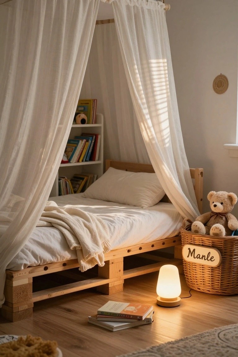 Child's bedroom with a raised wooden pallet bed frame draped in white canopy fabric, a bookshelf with colorful books, a teddy bear in a wicker basket labeled Manle, books on the floor, and a small lamp nearby.