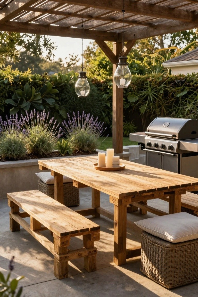 Rustic wooden table and benches on a concrete patio under a wooden pergola, with white candles on a wooden tray at the center, a stainless steel grill to the side, and lavender plants in raised beds nearby.