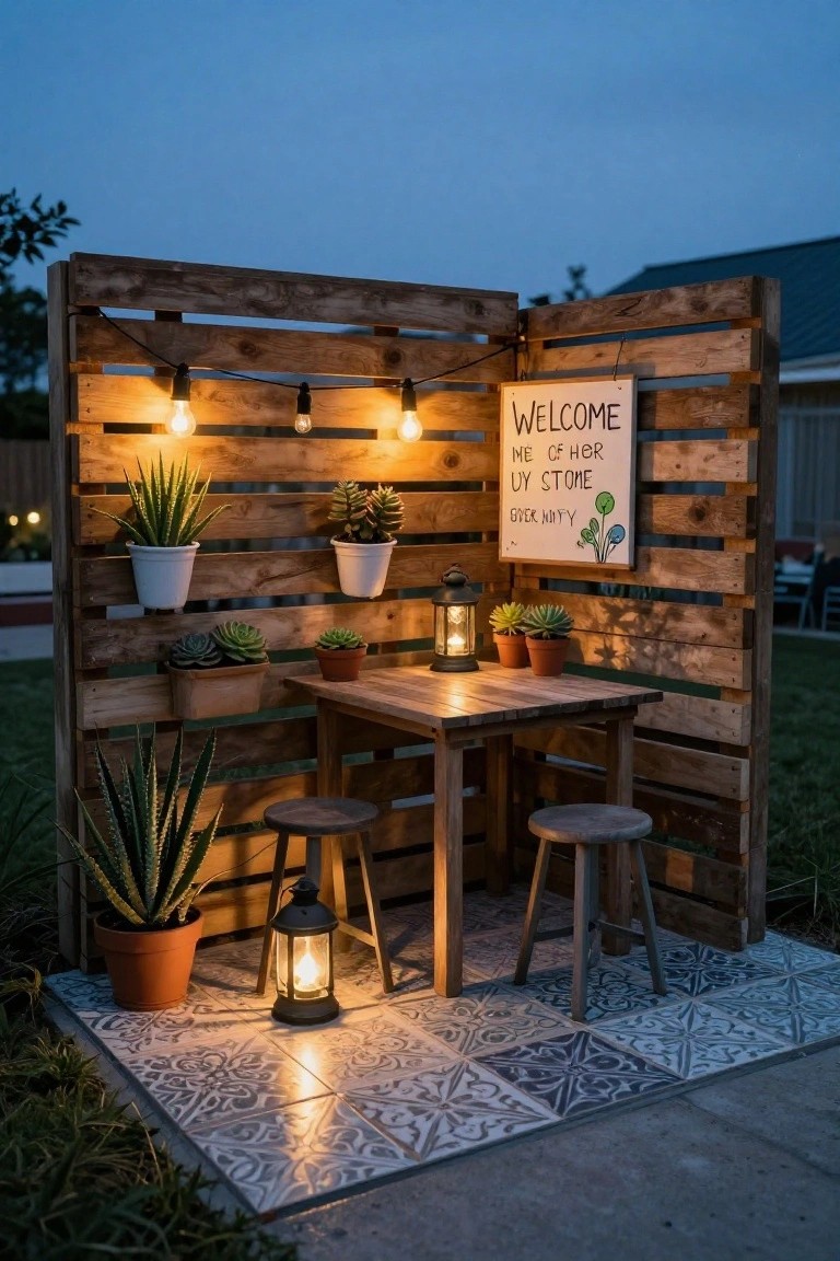 Wooden pallet screen forming a three-sided enclosure around a small wooden table and two stools on a patterned tile patio, decorated with potted succulents, lanterns, and string lights at dusk.
