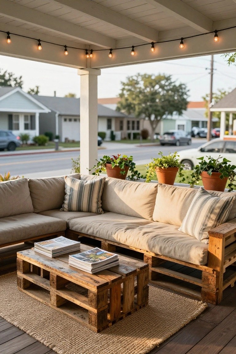 Covered porch featuring an L-shaped beige cushioned sofa and coffee table made from wooden pallets, surrounded by potted plants, with string lights overhead and a street view in the background.
