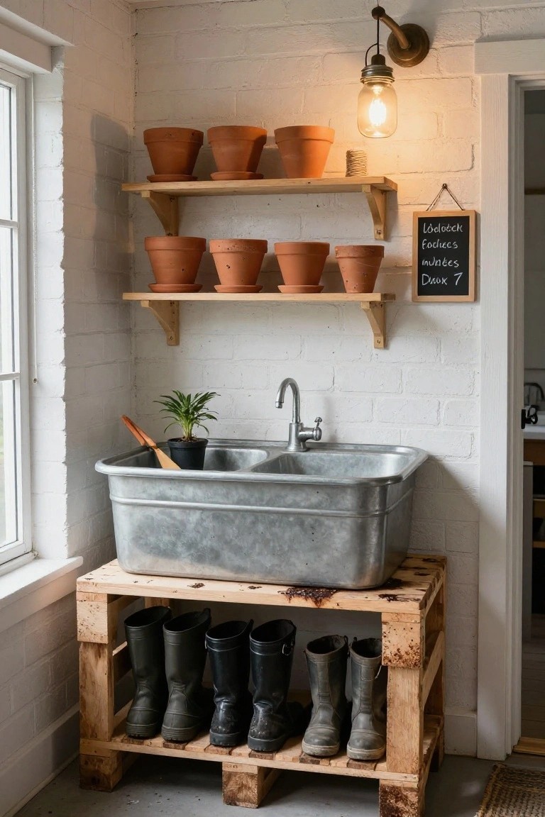 White brick interior room with galvanized double sink on wooden pallet stand holding several pairs of black rubber boots, wooden shelves above with terracotta pots, small potted plant by sink, wall-mounted sign, and window.
