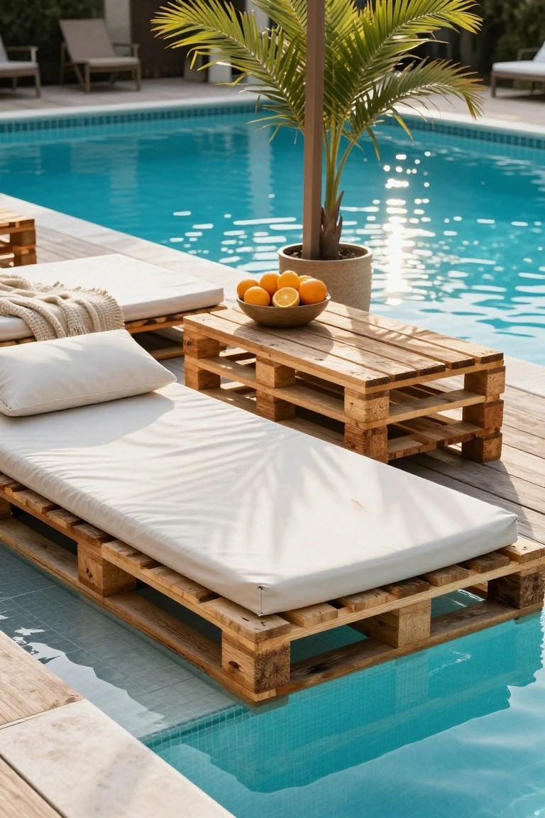 Wooden pallets formed into a daybed with white mattress and pillow at the edge of a turquoise tiled pool, beside a pallet table holding oranges in a bowl and a potted palm plant.