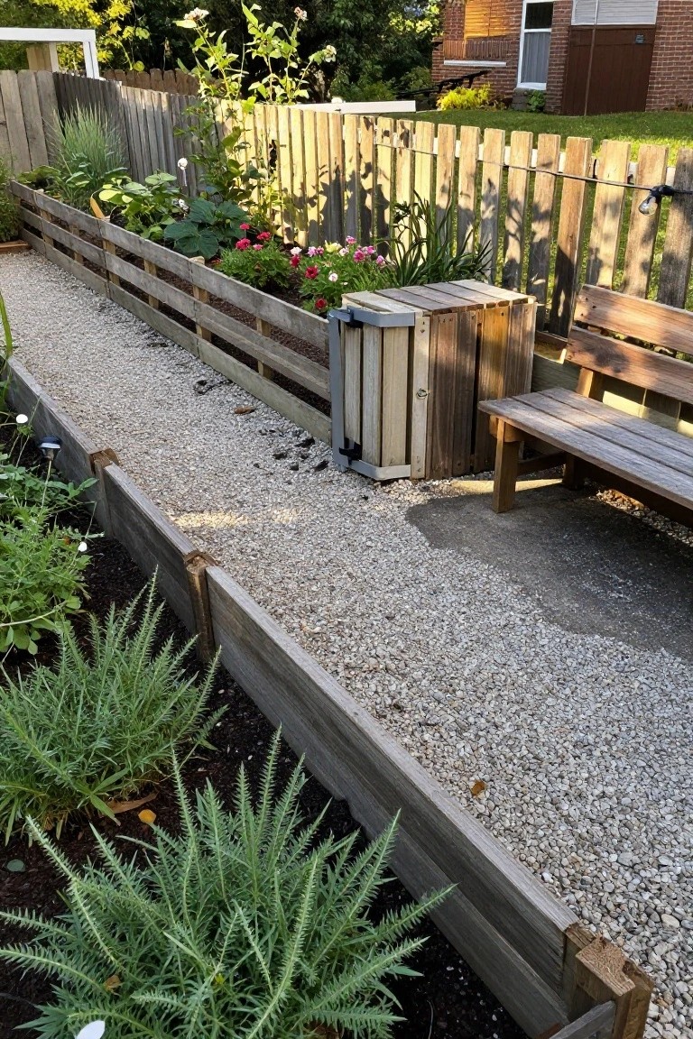 Raised garden beds constructed from wooden pallets along a gravel path in a backyard, filled with plants like pumpkins, flowers, and greens, with a wooden bench and fence nearby.