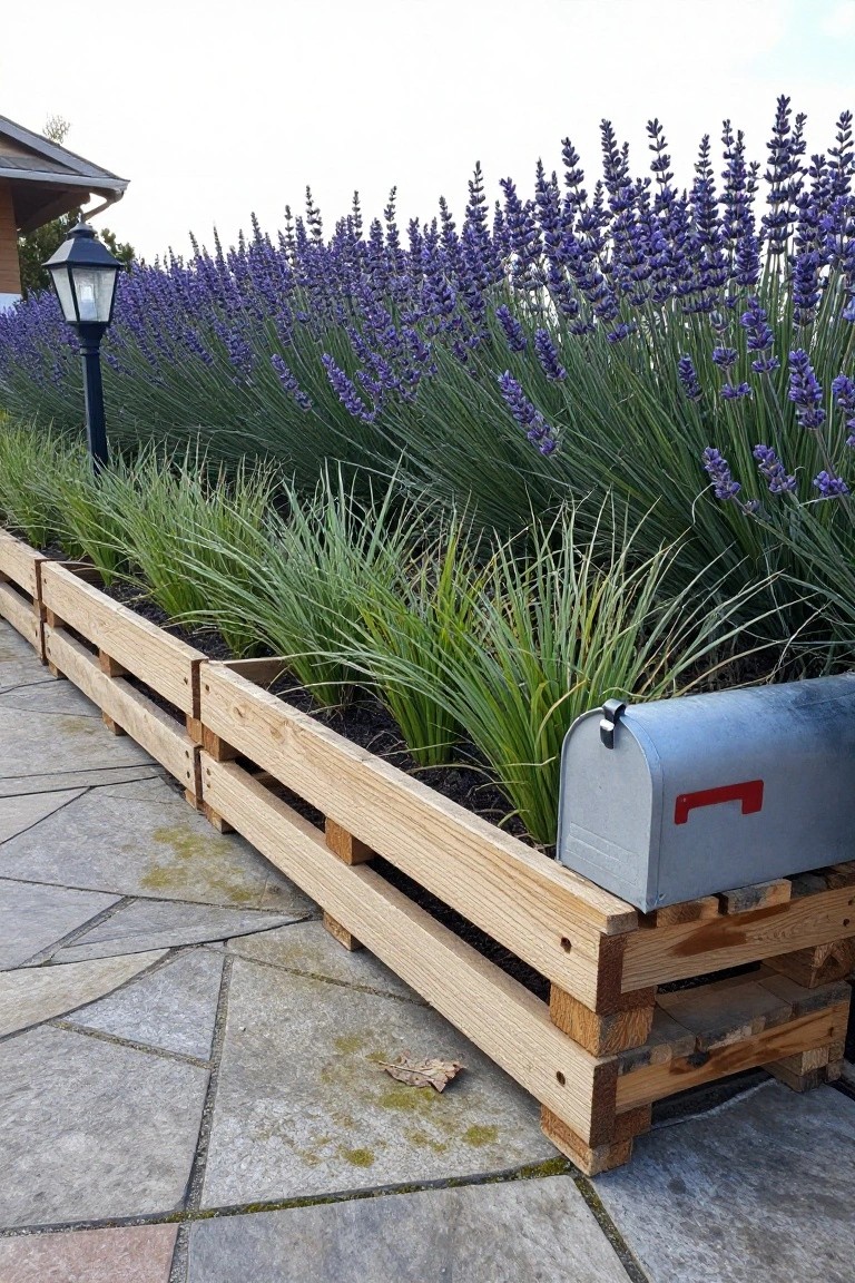A row of wooden pallet raised planters filled with purple lavender flowers and green ornamental grasses lines a stone-paved path next to a house, with a black lamp post and silver mailbox nearby.
