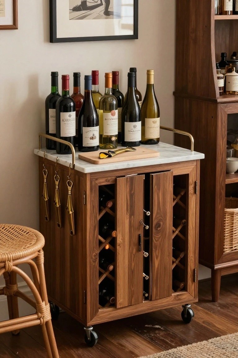 Wooden rolling bar cart with marble top displaying various wine bottles, open double doors revealing interior wine racks and stored bottles, gold hooks holding bottle openers, in a room with wooden furniture and rattan chair nearby.