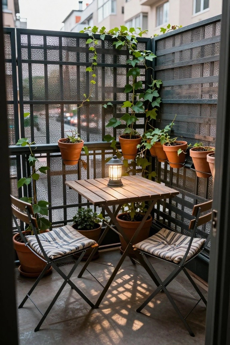 Small urban balcony enclosed by black metal mesh railing with climbing ivy, featuring a square wooden folding table with a lantern, two folding chairs with striped cushions, and numerous hanging and potted plants in terracotta pots.