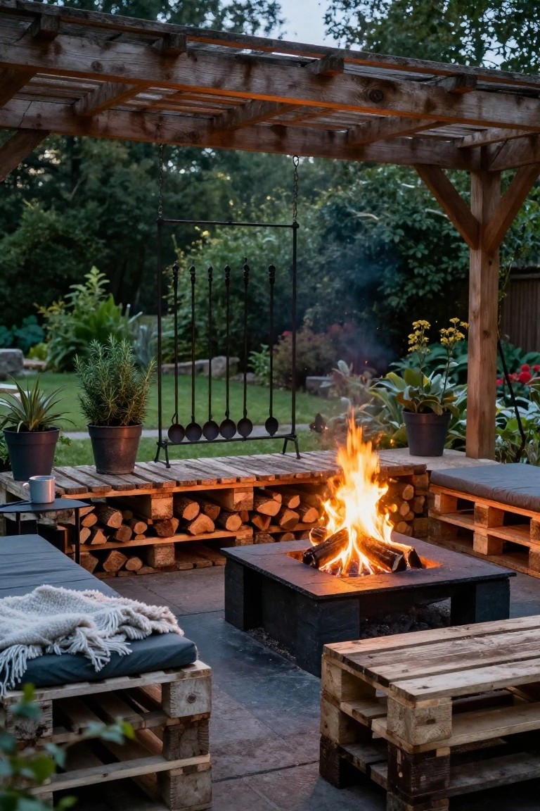 Backyard patio under a wooden pergola with a central black stone fire pit surrounded by stacked wooden pallet benches with gray cushions and blankets, firewood stacks nearby, and potted plants along the edges.