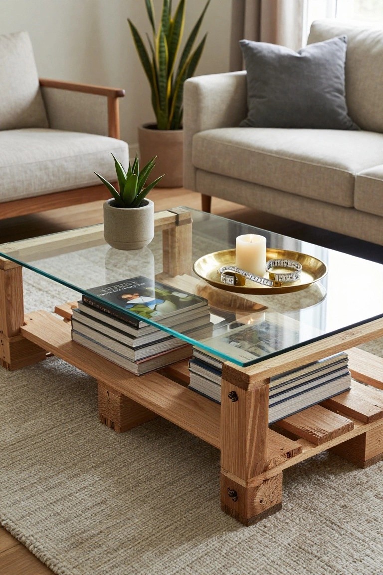 Living room with two light beige sofas, wooden armchairs, potted snake plant and smaller plants, glass-topped coffee table on wooden pallet base holding stacked books underneath, white candle and gold tray with bracelet on top, light rug on wood floor.