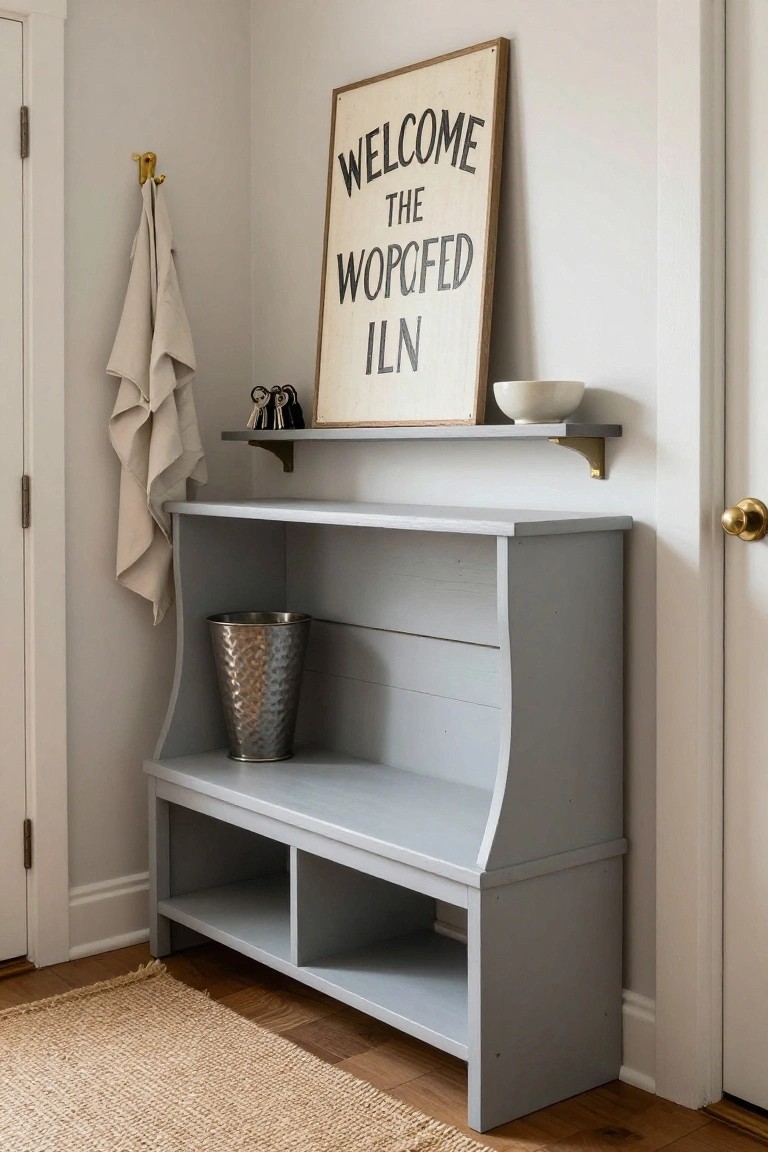 Gray wooden bench with curved sides and open lower shelves in a light gray entryway corner, with a hammered metal bucket on top, towel on wall hook, keys on shelf, and framed welcome sign above.