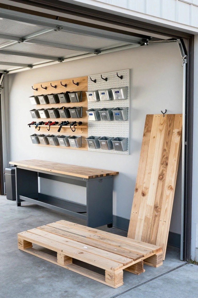 Garage interior showing open garage door, pegboard wall with hooks and metal bins for storage, wooden workbench on gray metal legs, leaning wooden plank, and wooden pallet on the floor.