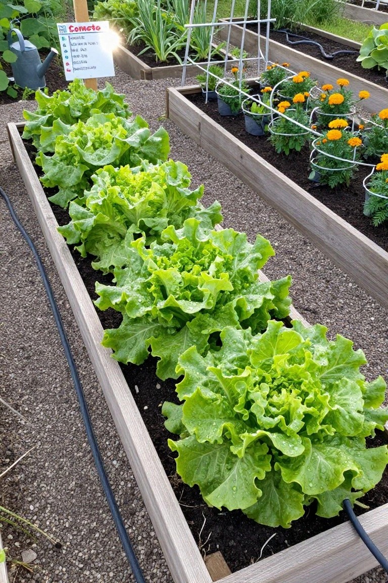 Wooden raised garden beds filled with rows of green lettuce plants, drip irrigation hoses along the bases, gravel paths between beds, and nearby marigold pots with a labeled sign for Cometo lettuce.
