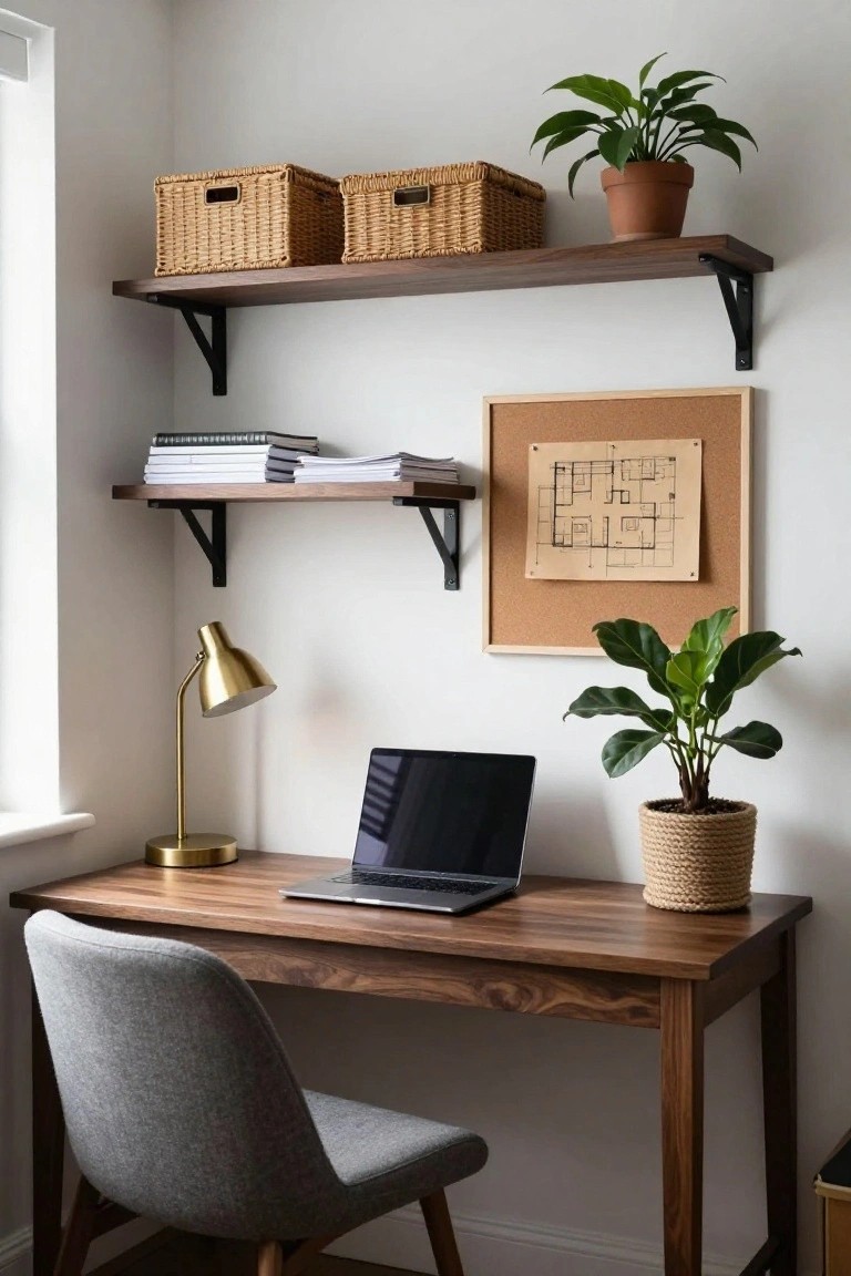 Home office nook with wooden desk holding a laptop, gray fabric chair, two tiers of floating wood shelves with wicker baskets books and plants, gold desk lamp, potted plants, and framed corkboard with floor plan on white wall.