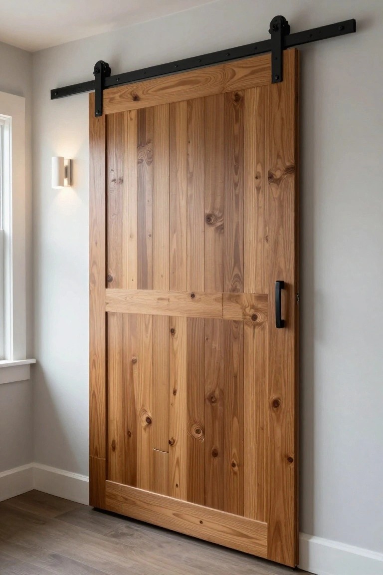 Tall wooden barn-style sliding door with vertical planks, knots, and a black handle, mounted on a black metal track against a light gray wall beside a window and white wall sconce.