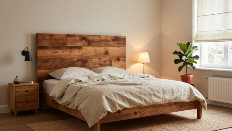 Bedroom with a horizontal-plank wooden headboard, white linen bedding, potted plants on a side table and floor, linen window shade, and wall-mounted black lamp.