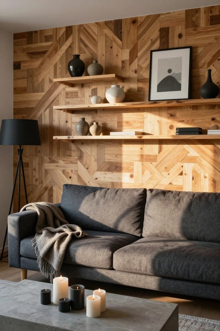 A living room featuring a herringbone-patterned wooden accent wall with integrated shelves holding vases and books, a gray sofa with a throw blanket, black tripod floor lamp, and various candles on a concrete coffee table.