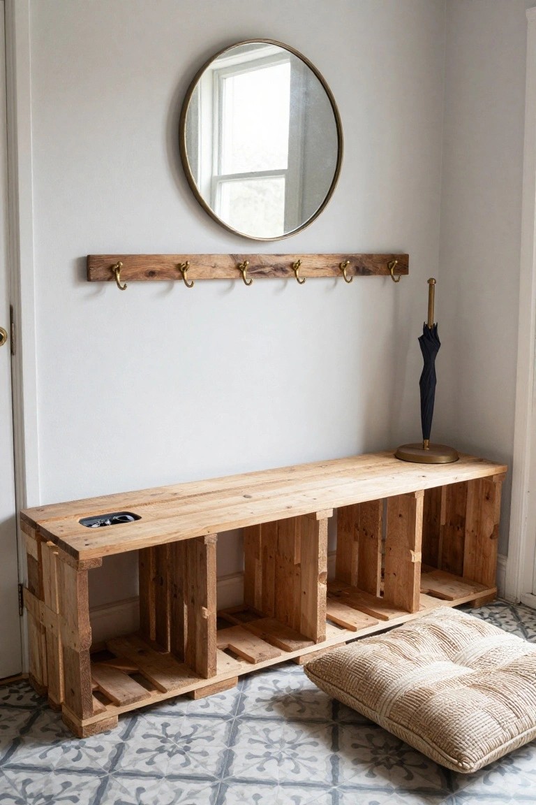 Wooden bench constructed from pallets with storage cubbies in a white entryway, beside brass wall hooks, a gold round mirror, black umbrella stand, and beige floor cushion on gray patterned tile.