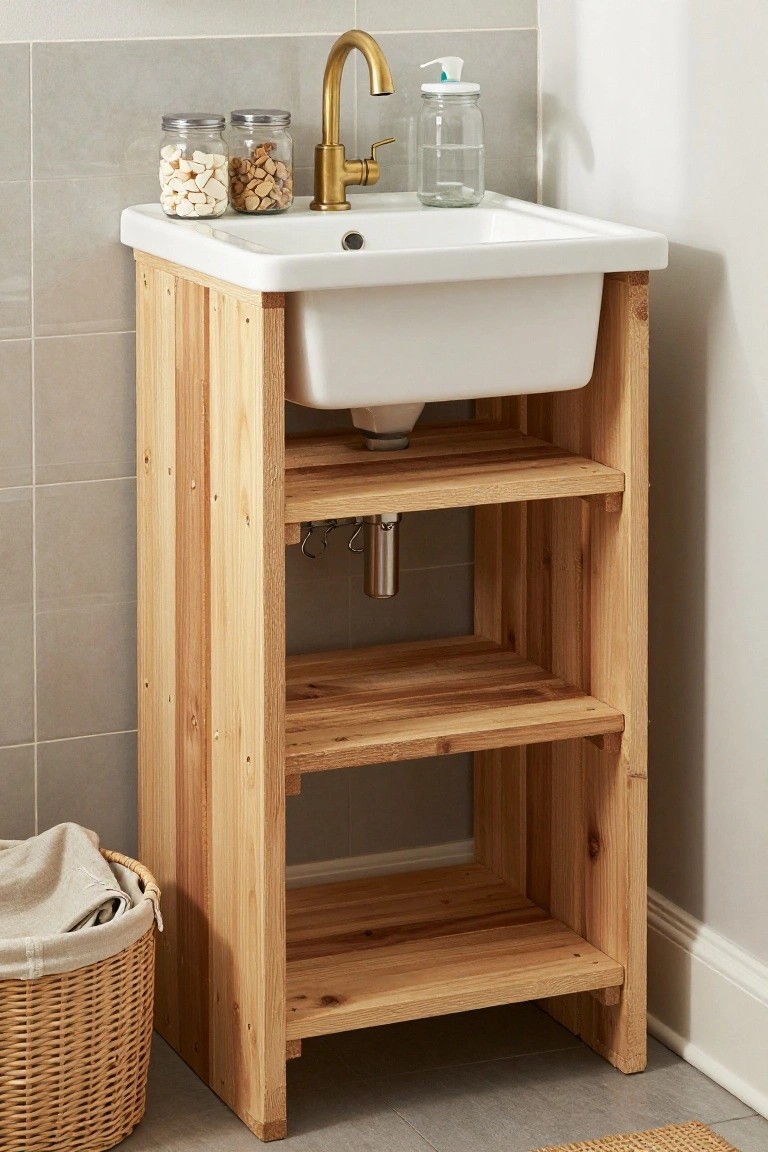 Tall freestanding wooden vanity with open shelves supporting a white porcelain sink, gold faucet, glass jars, soap dispenser, and a wicker laundry basket nearby against gray tiled bathroom walls.