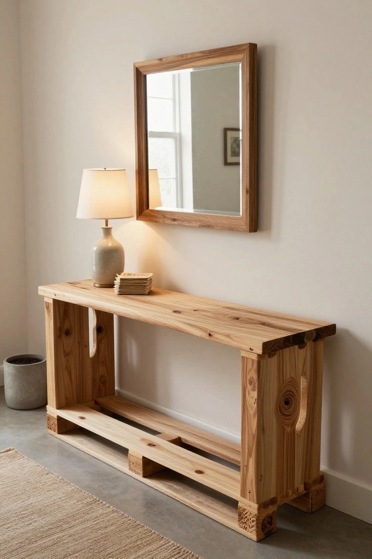 A console table made from light-colored pallet wood stands against a beige wall in an entryway, with U-shaped cutouts in the sides, a ceramic lamp and stack of beige coasters on top, a wooden mirror nearby, and a concrete pot on the floor.