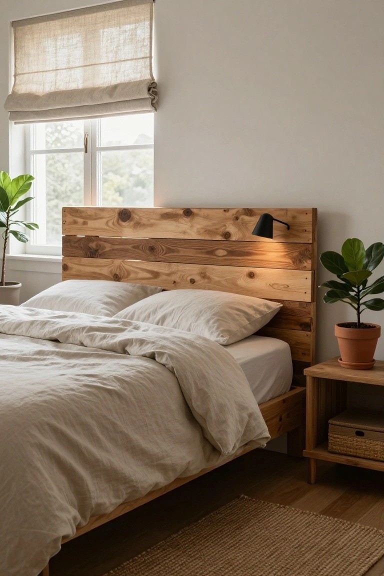 Bedroom with a horizontal-plank wooden headboard, white linen bedding, potted plants on a side table and floor, linen window shade, and wall-mounted black lamp.