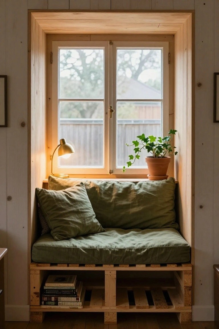 Cozy indoor window nook with pallet wood bench seat covered in green cushions, gold desk lamp, ivy plant in terracotta pot, and stacked books on shelves below, surrounded by light wood paneling and double casement windows.