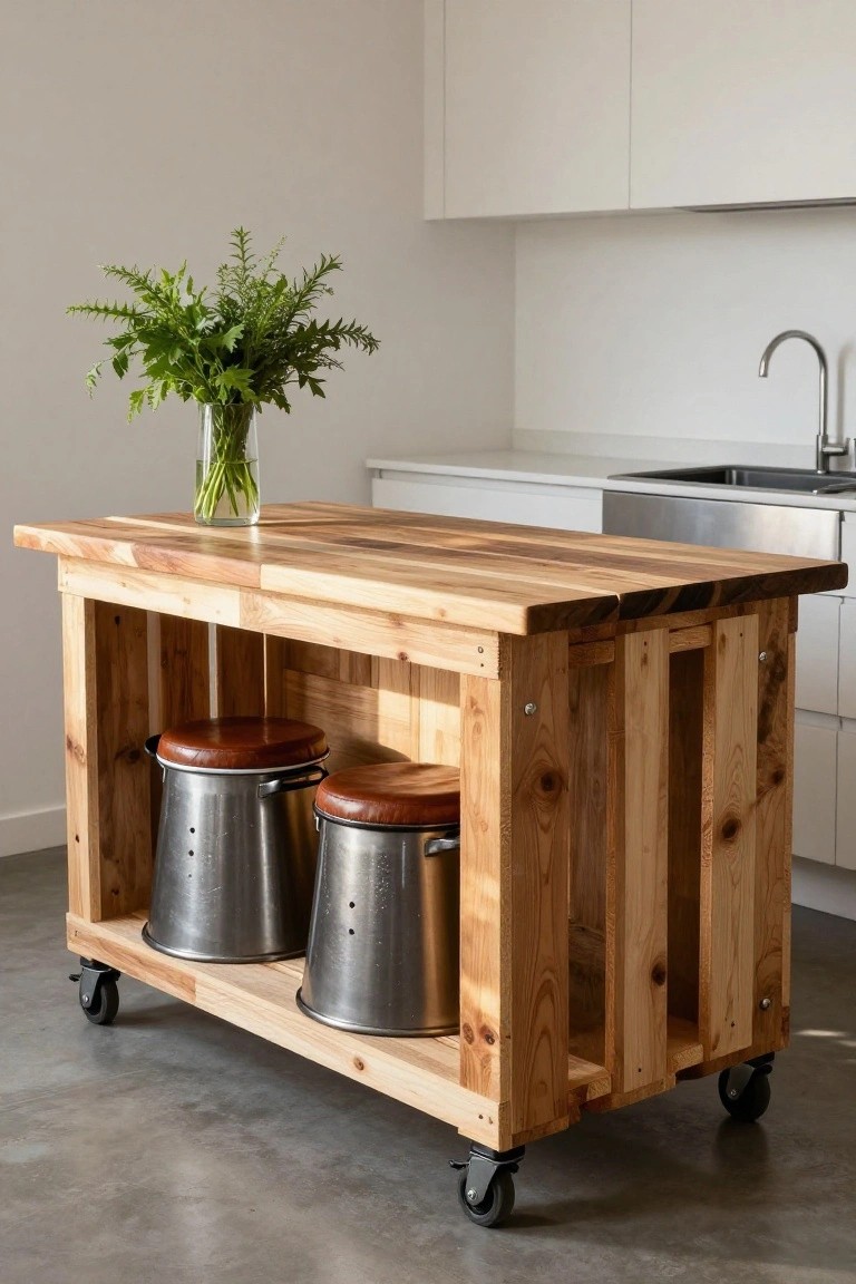 Wooden kitchen island constructed from pallet wood on caster wheels, with two metal bucket stools featuring leather seats, positioned near white cabinets and a sink in a modern kitchen.