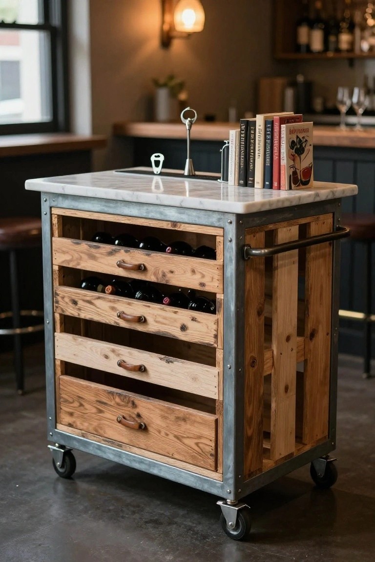 Rolling kitchen island cart with pallet wood drawers storing wine bottles, metal frame, marble countertop, books and glassware on top, leather bar stools nearby in a modern bar area.