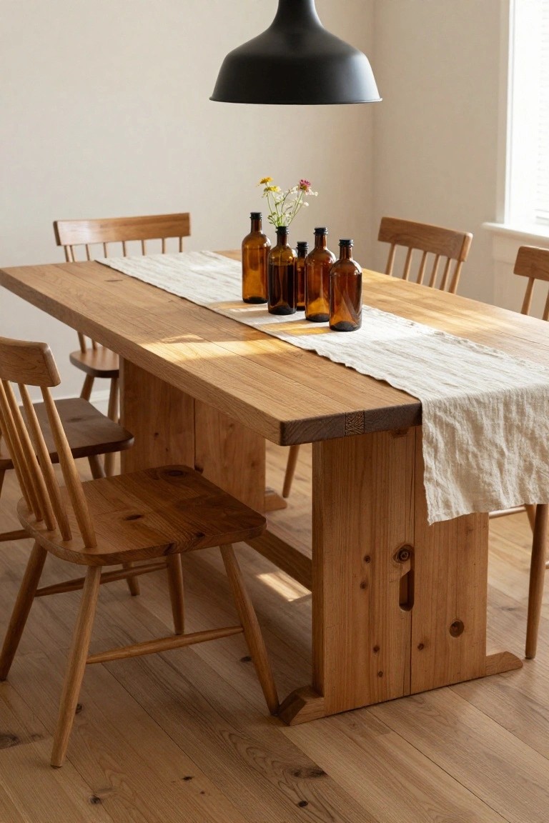 A dining room with a long rectangular wooden table covered by a white linen runner and amber glass bottles, surrounded by wooden chairs, under a black pendant light.