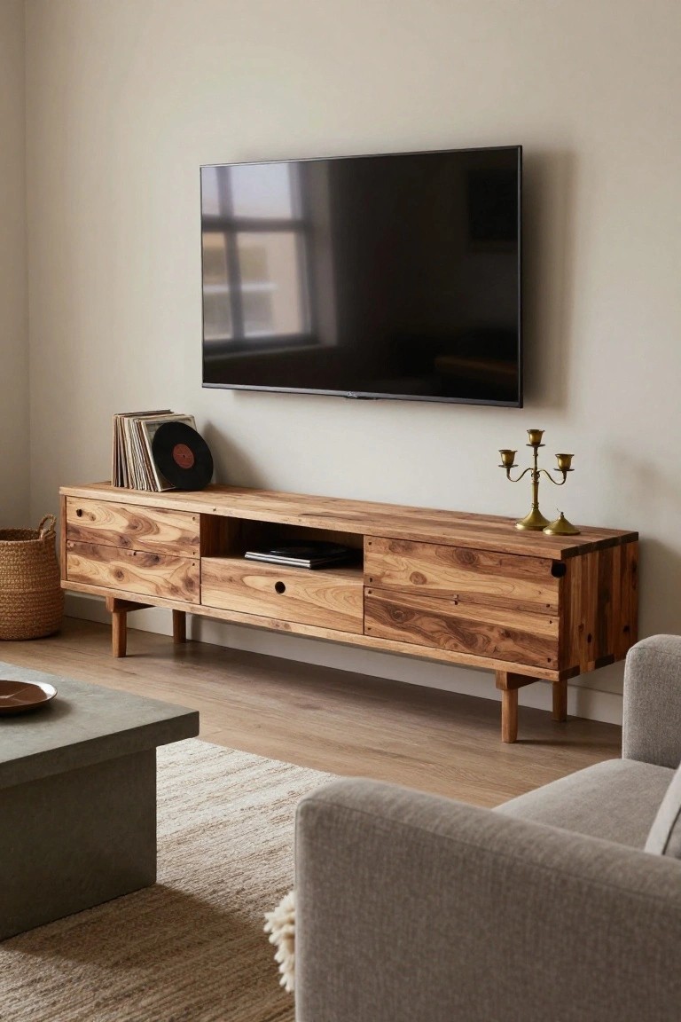 Wooden media console with drawers and shelves under a wall-mounted black TV in a light-colored living room, next to stacked vinyl records, brass candelabra, wicker basket, gray sofa, and concrete coffee table on wood flooring.