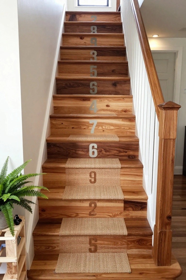 Wooden staircase with silver metal numbers 1 through 10 on each tread, seagrass runners on the lower steps, white wood railing, and a potted fern plant nearby.