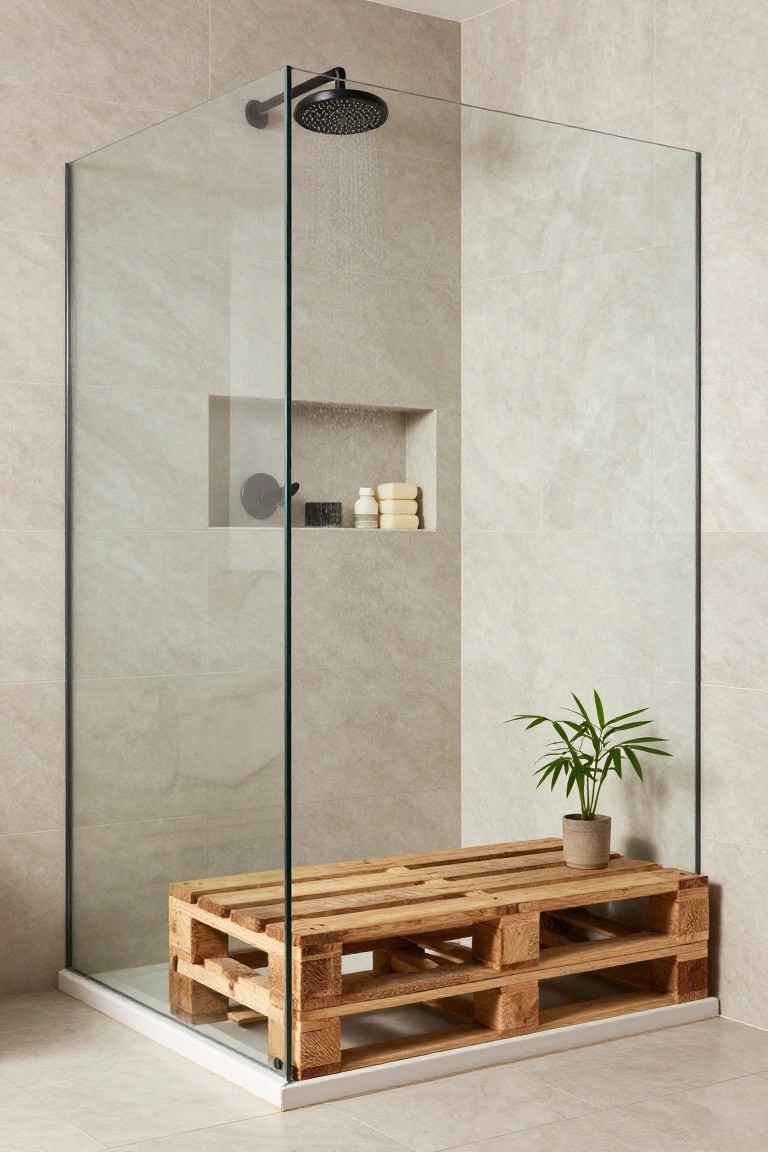 Glass shower enclosure featuring a wooden pallet bench inside, beige tiled walls, a niche shelf with soap dispensers and towels, and a potted plant nearby.