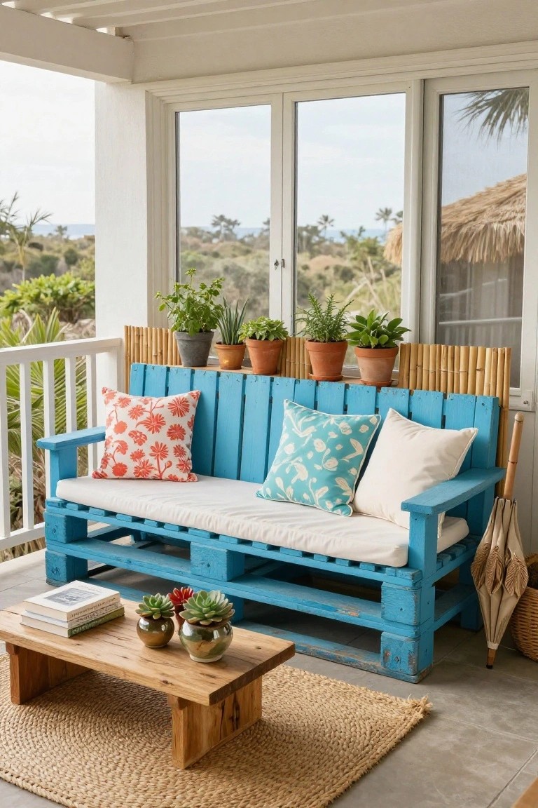 Blue pallet wood sofa with white cushions, orange and teal pillows, potted plants on the backrest divider, wooden coffee table with succulents and books, on a covered balcony overlooking palm trees and ocean.