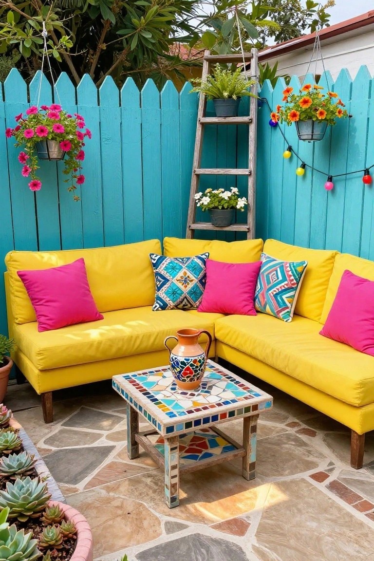 A small outdoor patio corner featuring a yellow L-shaped sofa with pink and patterned pillows, a colorful mosaic-tiled square coffee table, potted plants, a wooden ladder shelf, and turquoise picket fence with hanging flowers and lights.