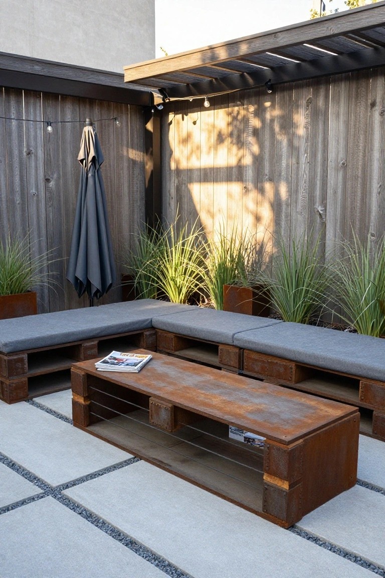 L-shaped outdoor bench made from stacked wooden pallets with gray cushions, paired with a low wooden pallet coffee table on a concrete patio surrounded by potted grasses, a gray umbrella, string lights, and wooden fences.