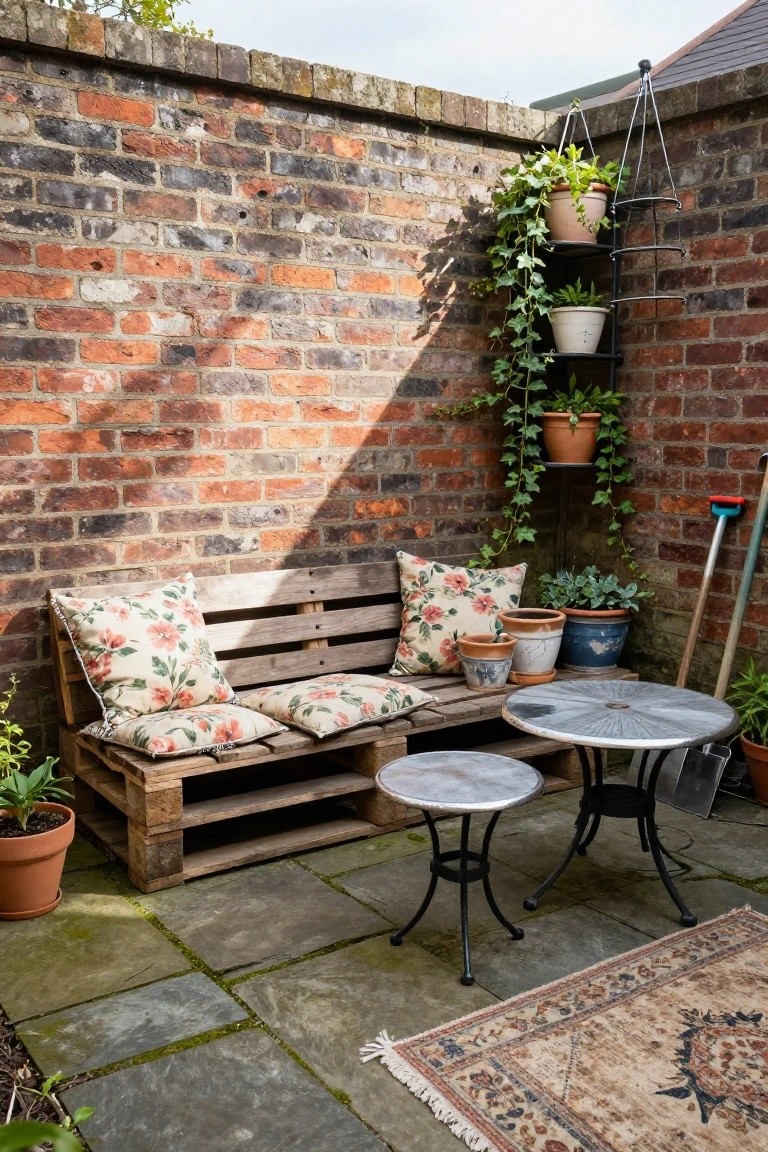 Small brick-walled outdoor patio with wooden pallet bench topped by floral cushions, two round metal tables on black legs, potted plants, hanging planters, and garden tools leaning against the wall.