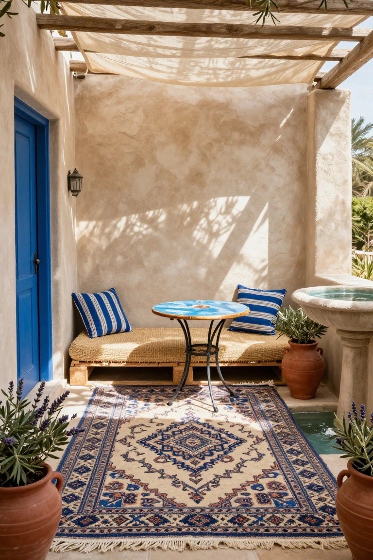 Small outdoor patio nook with wooden pallet bench cushioned with beige seat and blue-striped pillows, small round blue mosaic table, terracotta pots, stone fountain, blue door, beige walls, Persian-style rug, and wooden pergola overhead.